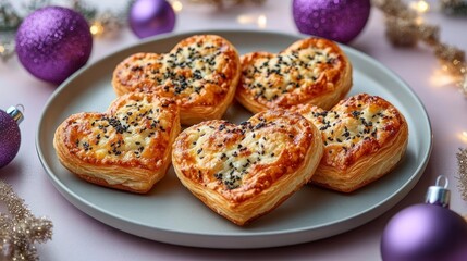 Fototapeta premium Golden heart-shaped cheese puff pastries topped with black sesame on a plate surrounded by purple holiday baubles, tinsel and warm fairy lights, festive cozy mood