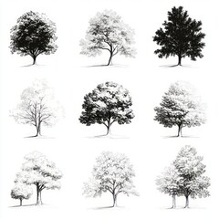 Fototapeta premium nine monochrome hand-drawn tree illustrations in a three-by-three grid with varied silhouettes and detailed ink sketches conveying a calm botanical study
