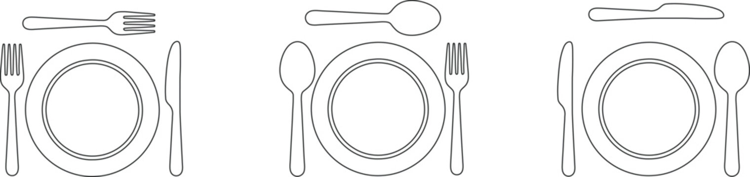 Three variations of a restaurant table setting line art icon with plates and cutlery restaurant minimalist hospitality catering breakfast composition