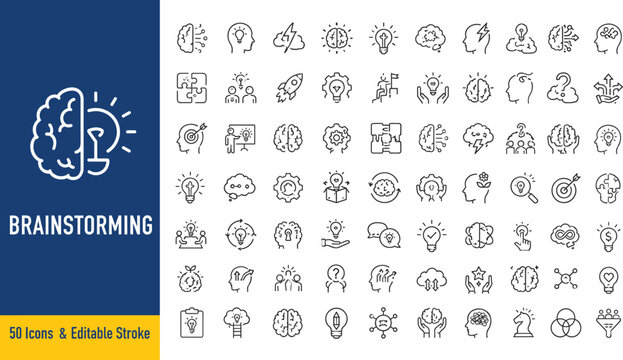 Brainstorming Line Icon 70 Collection Featuring Creative Thinking, Mind Mapping, Innovation, Ideas and Problem Solving Editable Stroke Vector Set