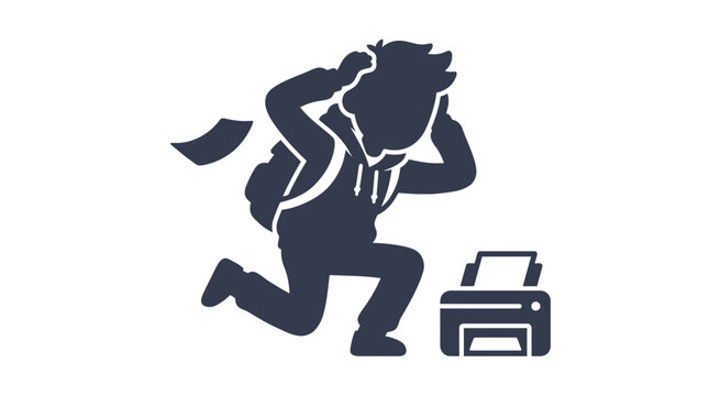 Frustrated student or employee with printer problems, running away from broken device