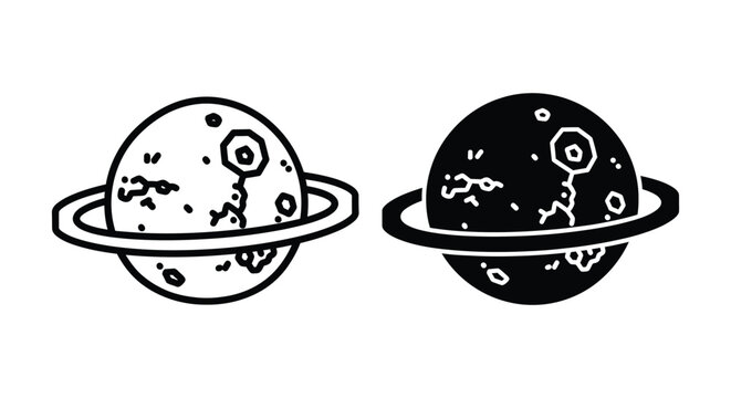 Planet with ring icon set line art and solid black glyph style vector illustration of saturn or celestial body with craters space, astronomy and cosmos symbol