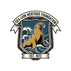 Naklejka premium Sea lion heritage foundation ocean badge with marine animal for wildlife conservation sea ecology aquatic nature sanctuary logo design