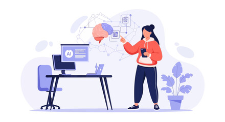 Fototapeta premium Person interacting with AI interface, Artificial Intelligence, machine learning, data science, technology concept illustration