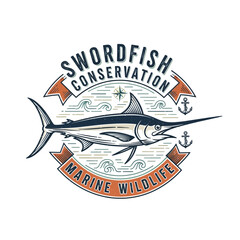 Fototapeta premium Swordfish conservation marine wildlife badge with maritime anchors for ocean fish sea animal protection navy sailing club logo design