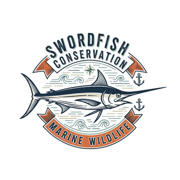 Swordfish conservation marine wildlife badge with maritime anchors for ocean fish sea animal protection navy sailing club logo design