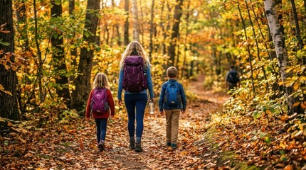 Fototapeta premium Young mother and her two children wearing backpacks hike along a scenic forest path covered in fallen leaves during a sunny autumn day.