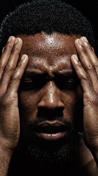 Intense Emotion Captured: A Close-Up of a Man Struggling with Inner Turmoil, Sweat-Glistened Skin Highlighting the Depth of His Feelings