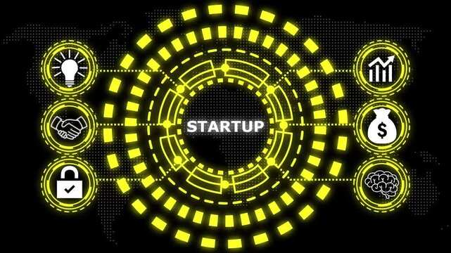 A glowing blue circular diagram with the word api in the center and six surrounding icons representing business concepts.