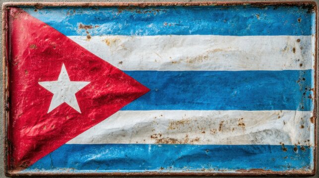 Cuban flag displayed with wear showing history and culture of Cuba and its significance to the people on an old surface