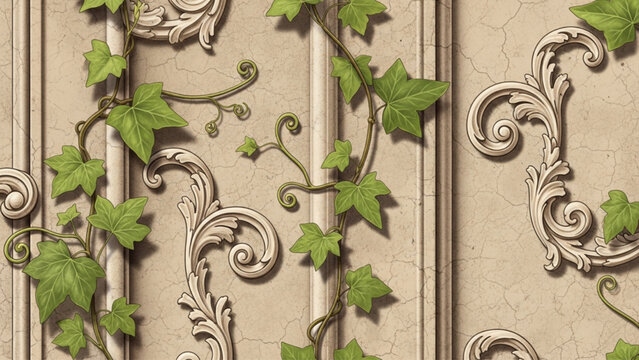AI generated green ivy vines climbing ornate beige stone wall with baroque scrollwork and classical architectural carvings