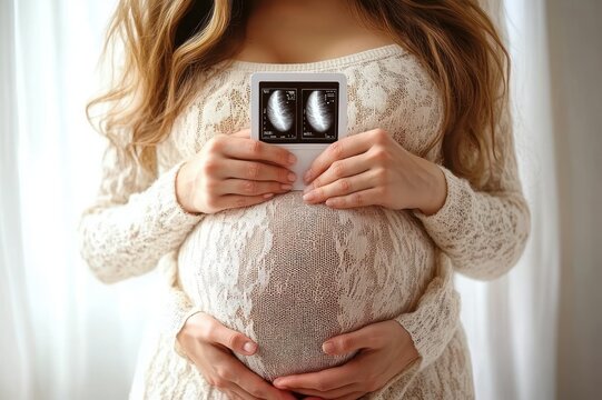 Pregnant woman in white lace sweater holding two ultrasound photos over her baby bump while partner's hands cradle her belly, conveying tender anticipation and joy
