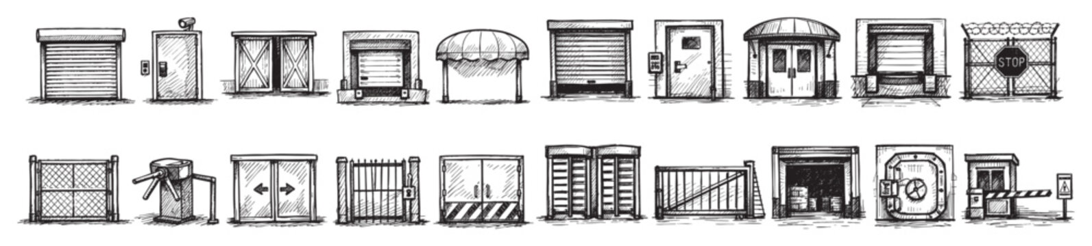 Various hand-drawn security elements, including gates, doors, turnstiles, and barriers, in a detailed sketch style on a white background