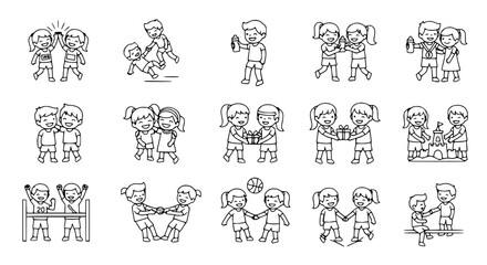 Fototapeta premium Children Friendship Moments: High Five, Playing Together, Gifts, Building Sandcastles