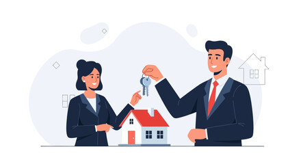 Naklejka premium Real Estate Agent Handing Over House Keys to Buyer, Vector Illustration