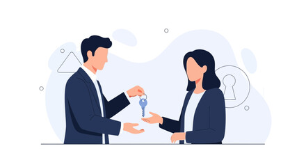 Obraz premium Real Estate Agent Hands Over House Keys to New Homeowner in Modern Flat Illustration Style
