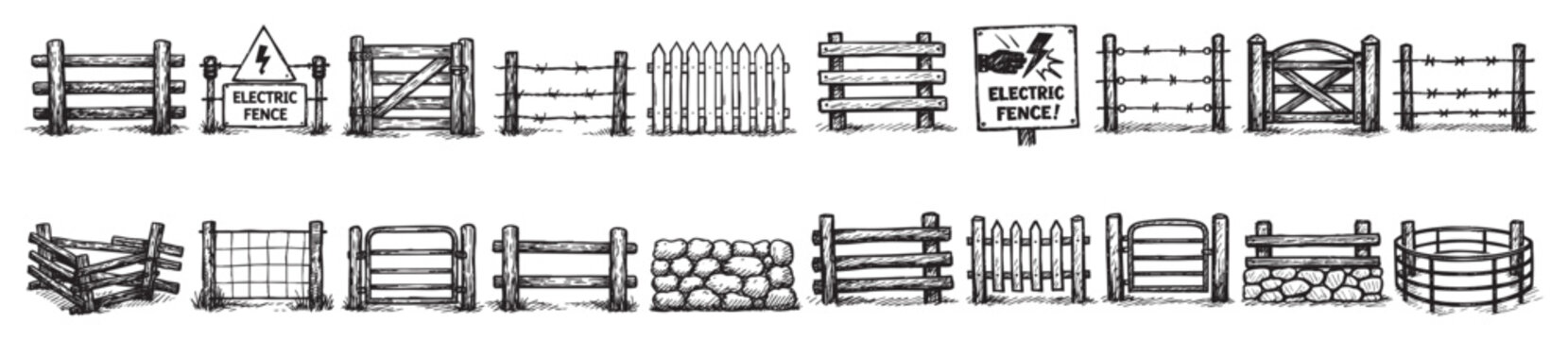 Various hand-drawn farm fences and gates in black and white sketch style, depicting rustic wooden, barbed wire, and stone barriers