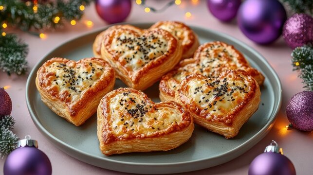 Heart-shaped golden puff pastries with melted cheese and black sesame seeds on a plate amid purple holiday ornaments and warm string lights, cozy festive atmosphere