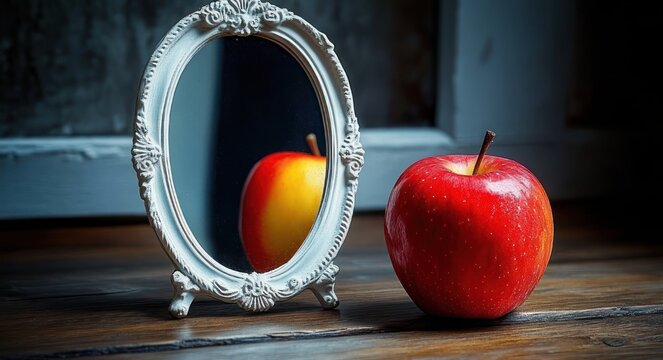 a lone red apple on a wooden table beside an ornate oval mirror reflecting a yellow apple, moody contemplative light and quiet contrast