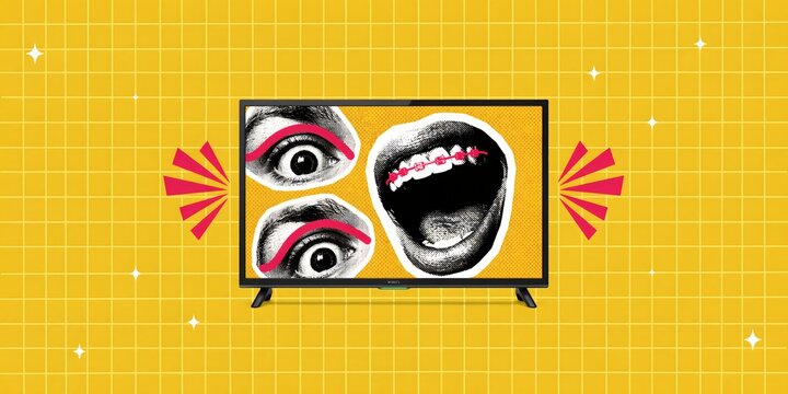 Fake News Concept with Surreal Television Display and Distorted Eyes and Mouth