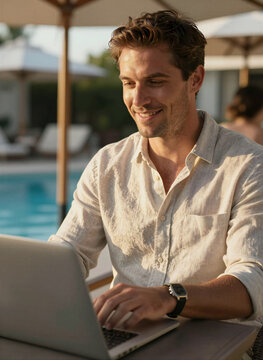 Captures Man Relaxed Focused As Works On Laptop Outdoors Like Late Afternoon Early Evening Judging By Warm Golden Sunlight Bathing Age