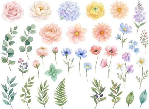 Watercolor floral bouquet with roses, hydrangeas, peonies, dahlias, cornflowers, poppies, daisies, fern, branches, and berries. Ideal for wedding invitations, greeting cards, and stationery.