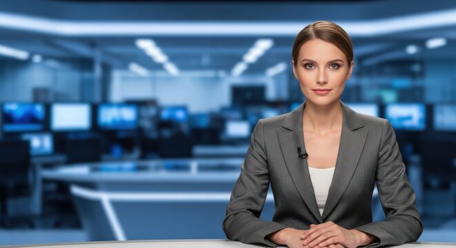 confident female news anchor or journalist sitting at a desk in a modern television newsroom studio background