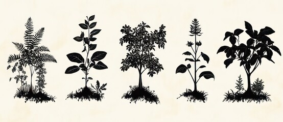 Fototapeta premium Five black botanical silhouettes of different plants and grasses with visible roots and grass bases on a textured beige background, evoking a calm nostalgic botanical study
