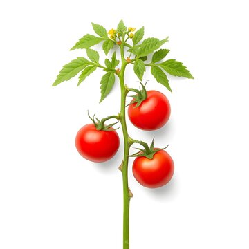 Fresh vine ripe tomatoes with green leaves and stem on transparent background