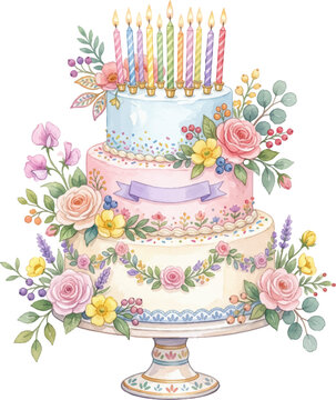 Multitiered birthday cake with floral decorations, pastel colors, frosting, candles perfect for celebratory occasions, dessertthemed designs, and bakery promos.