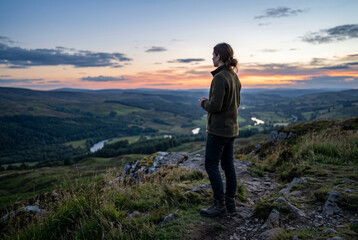 Fototapeta premium Person standing on a hill at sunset overlooking a vast valley landscape for nature wallpaper and outdoor adventure background