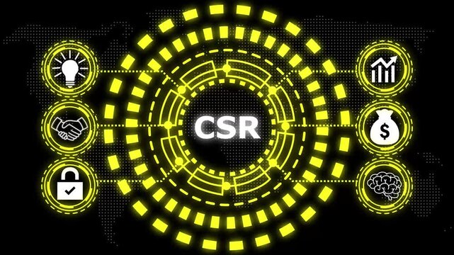 A glowing yellowcircular diagram with the word csr in the center and six surrounding icons representing business concepts.
