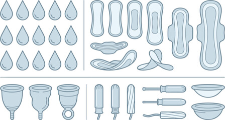 Menstrual hygiene products vector icon set with sanitary pads pantyliners tampons menstrual cups and flow drops for intimate care © Dulal creation 