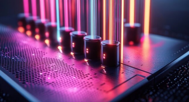 Row of metallic control knobs on a perforated panel emitting vertical neon light beams in pink, purple and blue, futuristic and energetic