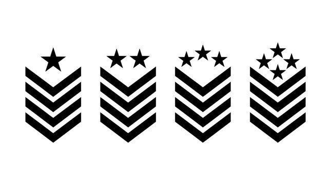 Set of black military chevron rank insignia icons with stars on white background, perfect for army branding, tactical emblem design and uniform patch graphics