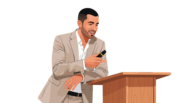 Middle Eastern Speaker Leaning on Wooden Podium