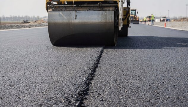 Medium shot showing a roller compacting a freshly laid asphalt longitudinal joint emphasizing smooth surface and even seam alignment.