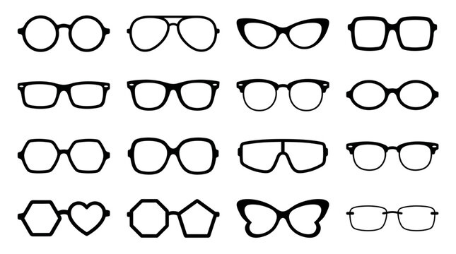 Collection of black eyeglasses and sunglasses frames silhouettes in various shapes on white background, perfect for optician branding, fashion design and optical store advertising