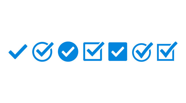 Blue checkmark and tick icon set in circles and squares on a white background, perfect for user interface design, business presentations and website development