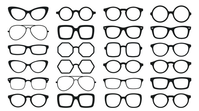 Set of various black eyeglasses and sunglasses frames silhouettes isolated on white background, perfect for optical store branding, fashion accessory design and graphic illustration