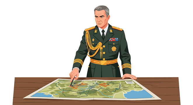 Military General Pointing at Tactical Map on Table