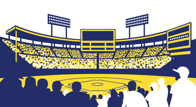 A vibrant illustration of a baseball stadium packed with fans, featuring a diamond field, large scoreboard, and bright floodlights under a clear sky.
