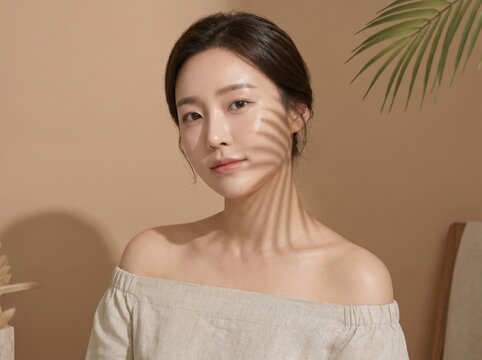 Beautiful Young Asian Woman with Palm Leaf Shadow on Face Looking at Camera