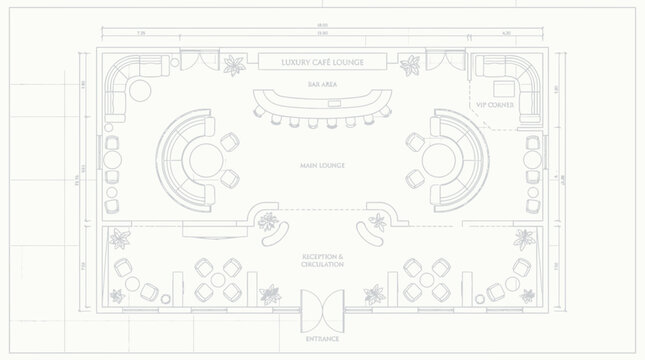 Architectural floor plan blueprint of a luxury cafe lounge layout with furniture, perfect for interior design presentation, restaurant planning and architectural project development