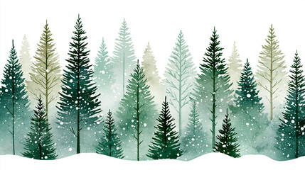 Obraz premium Stylized winter forest with snow-covered evergreen trees in shades of green and blue on a soft white snowy background.