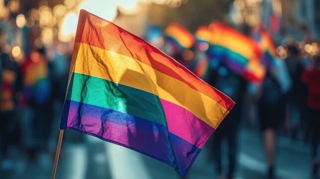 Waving rainbow pride flag in foreground at lively street parade with blurred crowd and multiple rainbow flags, sunlight glow conveying celebration, unity and joy