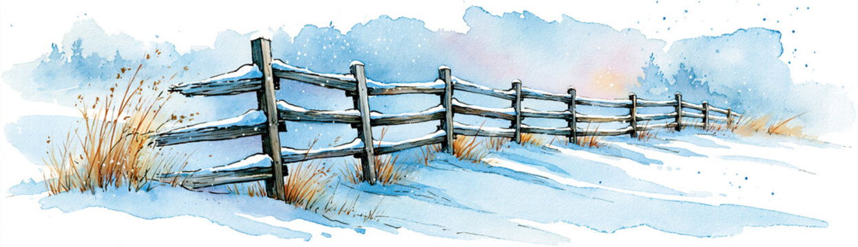 A rustic wooden fence stretches through a snowy winter landscape with dry grasses and a pale blue sky in a delicate watercolor style.