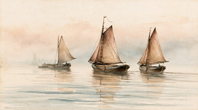 Three sailboats glide on calm water under a soft, muted sky, creating a peaceful maritime scene.