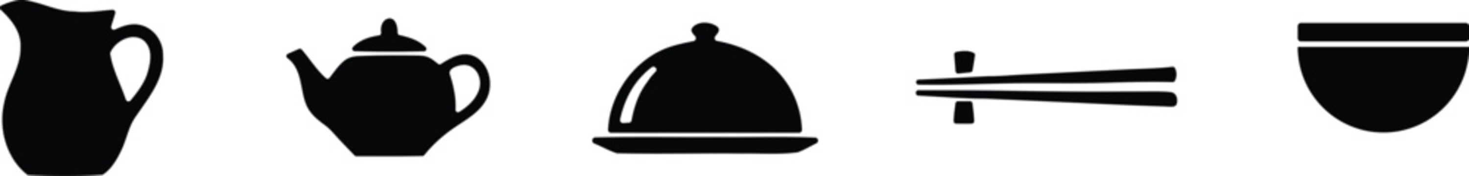 Kitchenware and dining equipment icons including pitcher kettle platter and bowl with kitchenware equipment chopsticks utensils tableware culinary