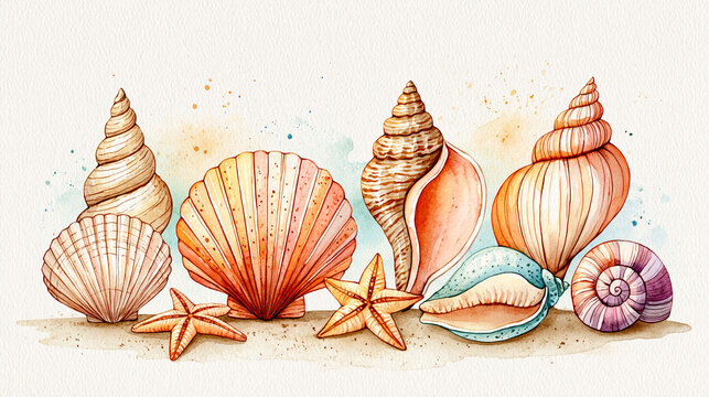 A watercolor illustration featuring a variety of seashells and starfish arranged on a sandy surface with soft pastel splashes in the background.